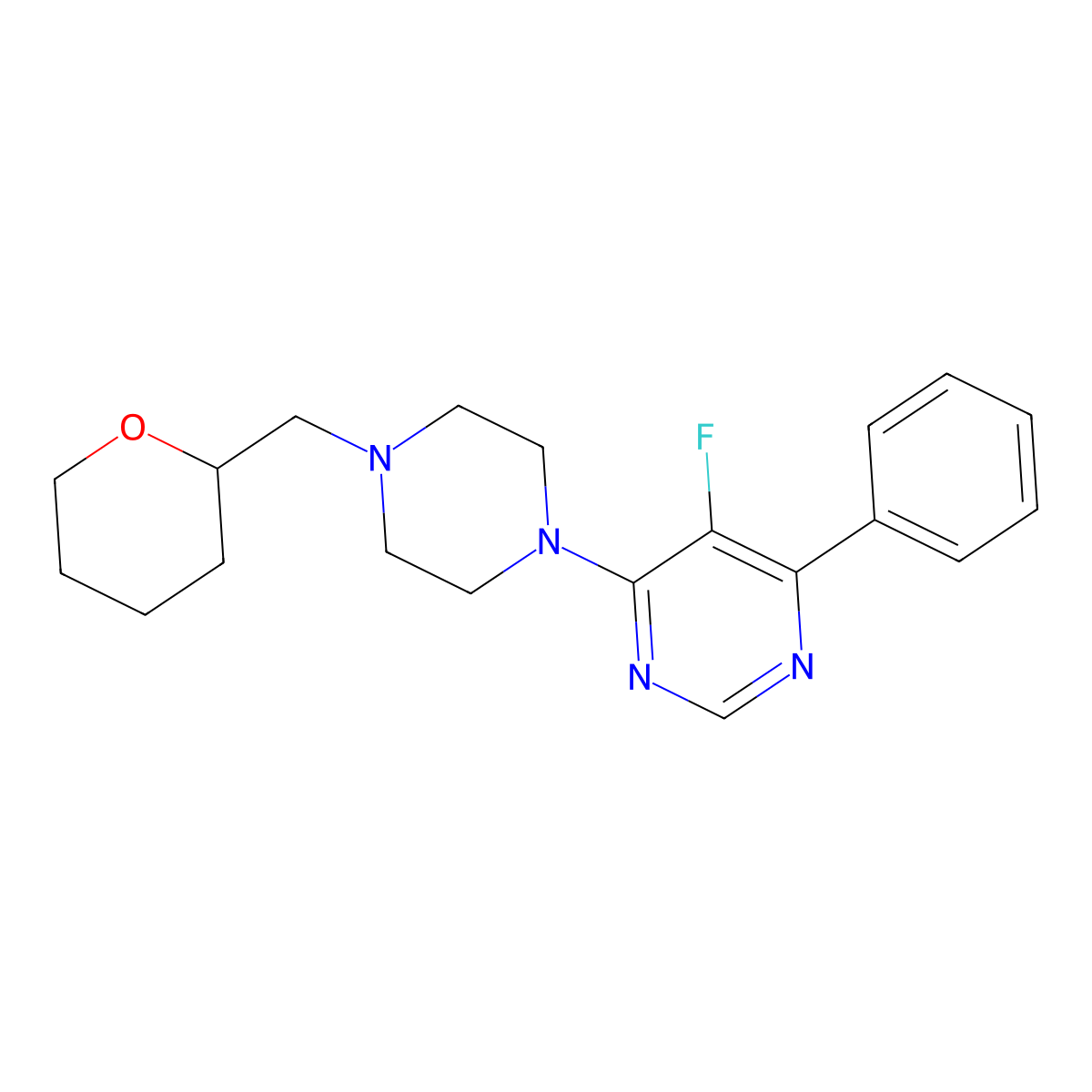 5-Fluoro-4-{4-[(oxan-2-yl)methyl]piperazin-1-yl}-6-phenylpyrimidine molecular structure, CAS 2877701-82-9