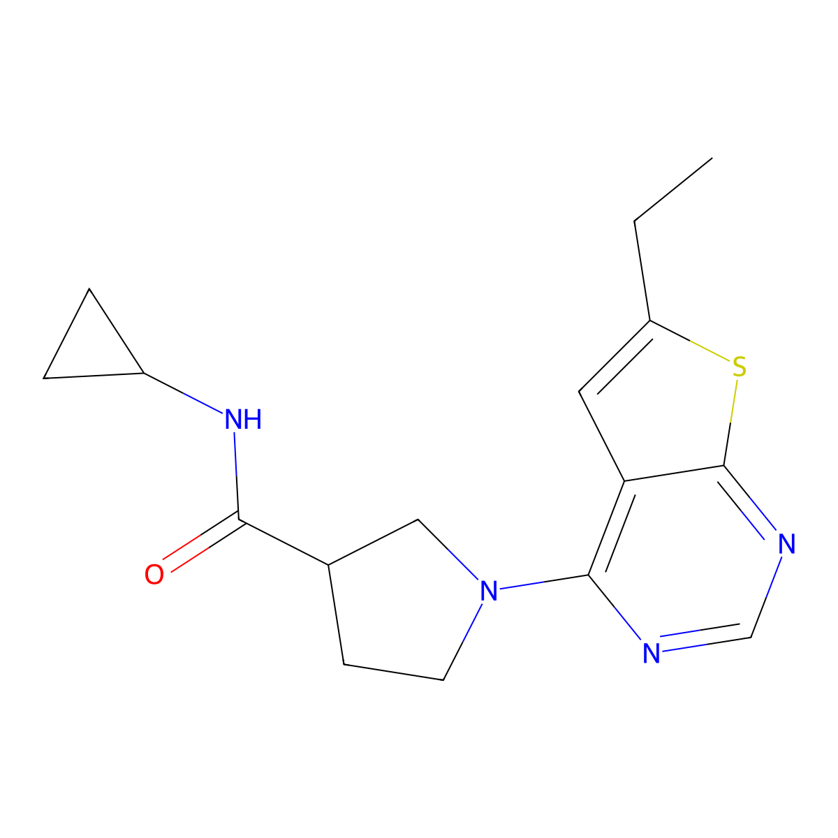 N-cyclopropyl-1-{6-ethylthieno[2,3-d]pyrimidin-4-yl}pyrrolidine-3-carboxamide molecular structure, CAS 2877701-97-6