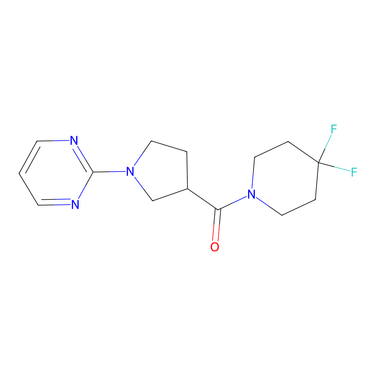 2-[3-(4,4-Difluoropiperidine-1-carbonyl)pyrrolidin-1-yl]pyrimidine molecular structure, CAS 2877702-02-6