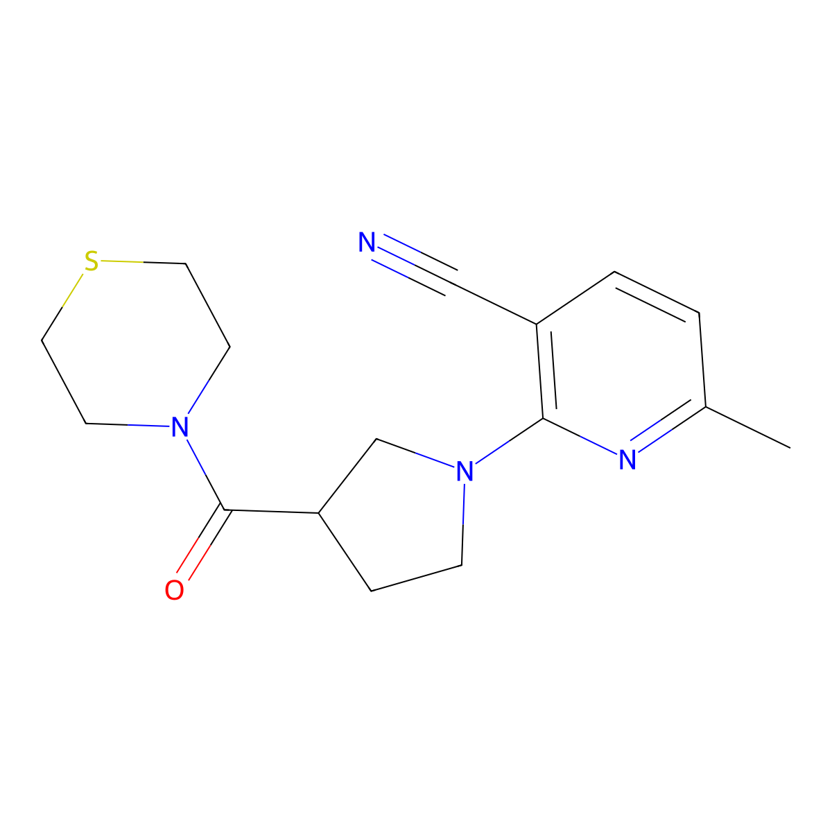6-Methyl-2-[3-(thiomorpholine-4-carbonyl)pyrrolidin-1-yl]pyridine-3-carbonitrile molecular structure, CAS 2877702-10-6