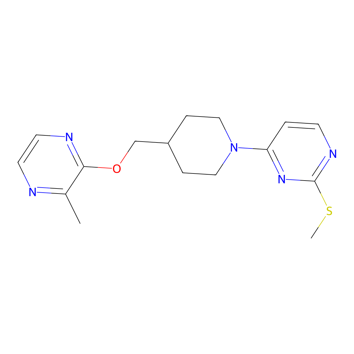 4-(4-{[(3-Methylpyrazin-2-yl)oxy]methyl}piperidin-1-yl)-2-(methylsulfanyl)pyrimidine molecular structure, CAS 2877702-19-5