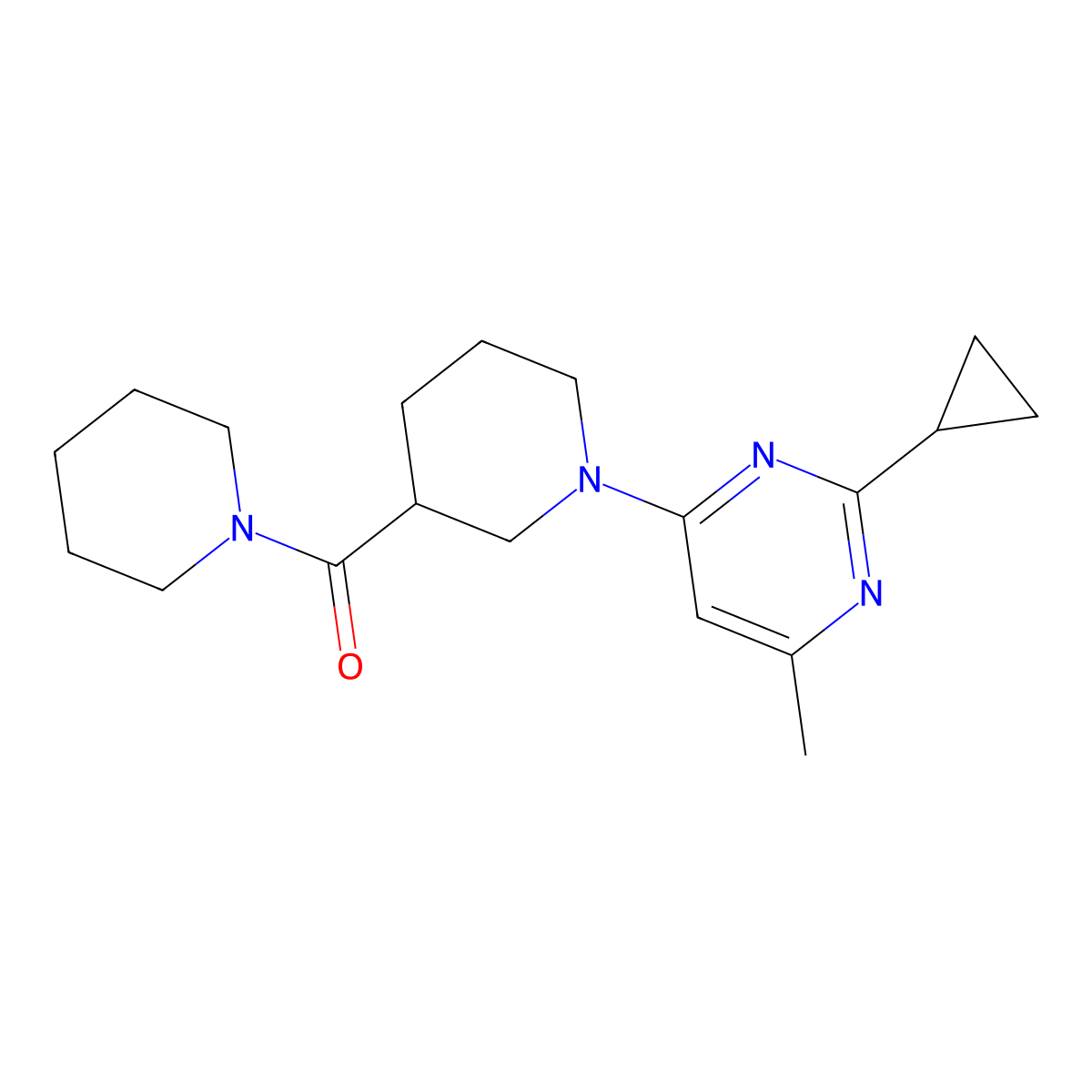 2-Cyclopropyl-4-methyl-6-[3-(piperidine-1-carbonyl)piperidin-1-yl]pyrimidine molecular structure, CAS 2877702-22-0