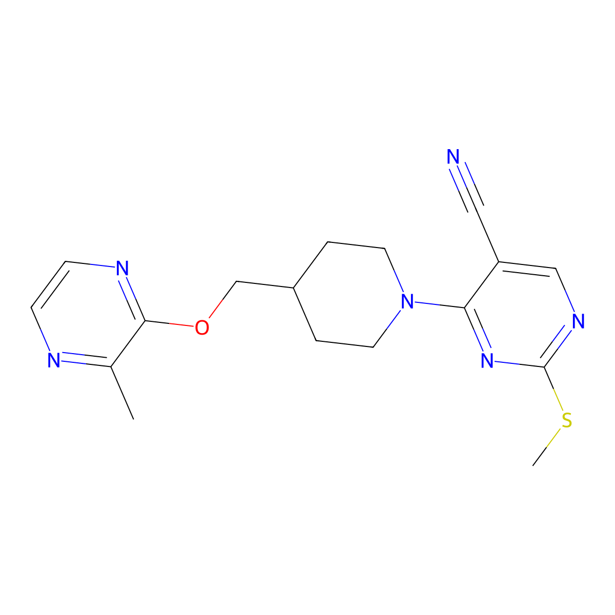 4-(4-{[(3-Methylpyrazin-2-yl)oxy]methyl}piperidin-1-yl)-2-(methylsulfanyl)pyrimidine-5-carbonitrile molecular structure, CAS 2877702-25-3