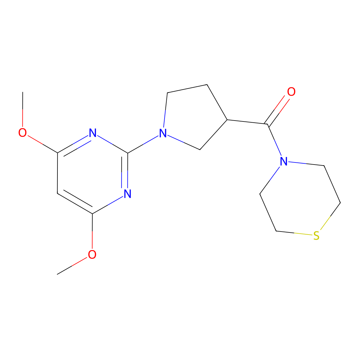 4-[1-(4,6-Dimethoxypyrimidin-2-yl)pyrrolidine-3-carbonyl]thiomorpholine molecular structure, CAS 2877702-28-6