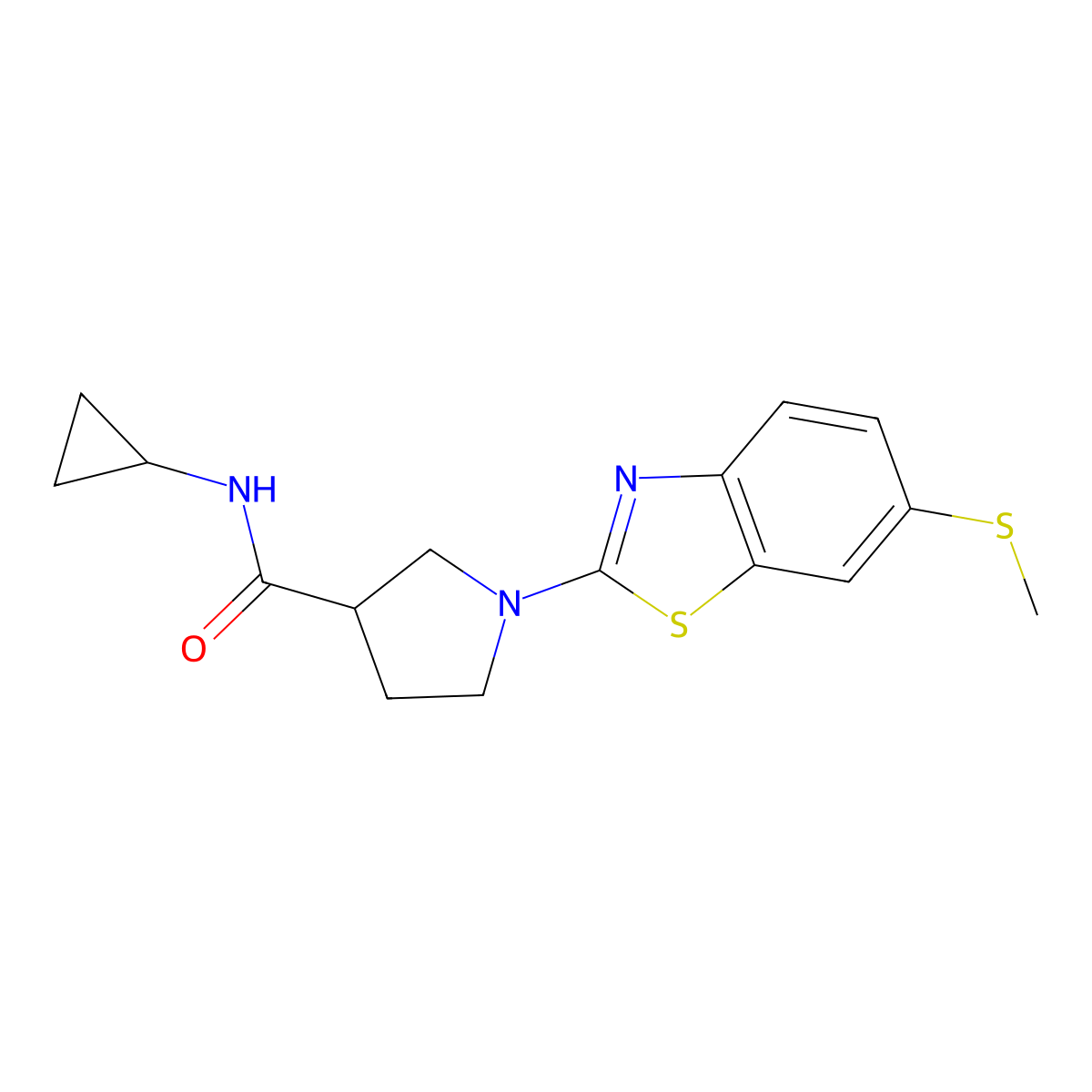 N-cyclopropyl-1-[6-(methylsulfanyl)-1,3-benzothiazol-2-yl]pyrrolidine-3-carboxamide molecular structure, CAS 2877702-31-1