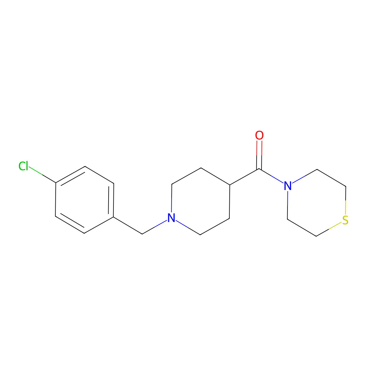 4-{1-[(4-Chlorophenyl)methyl]piperidine-4-carbonyl}thiomorpholine molecular structure, CAS 2877702-43-5