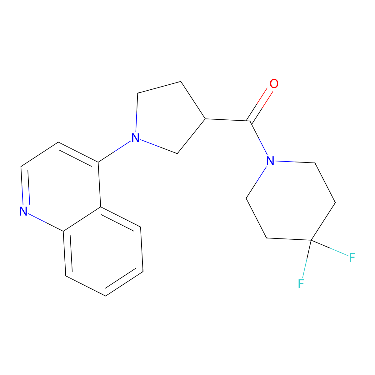 4-[3-(4,4-Difluoropiperidine-1-carbonyl)pyrrolidin-1-yl]quinoline molecular structure, CAS 2877702-44-6