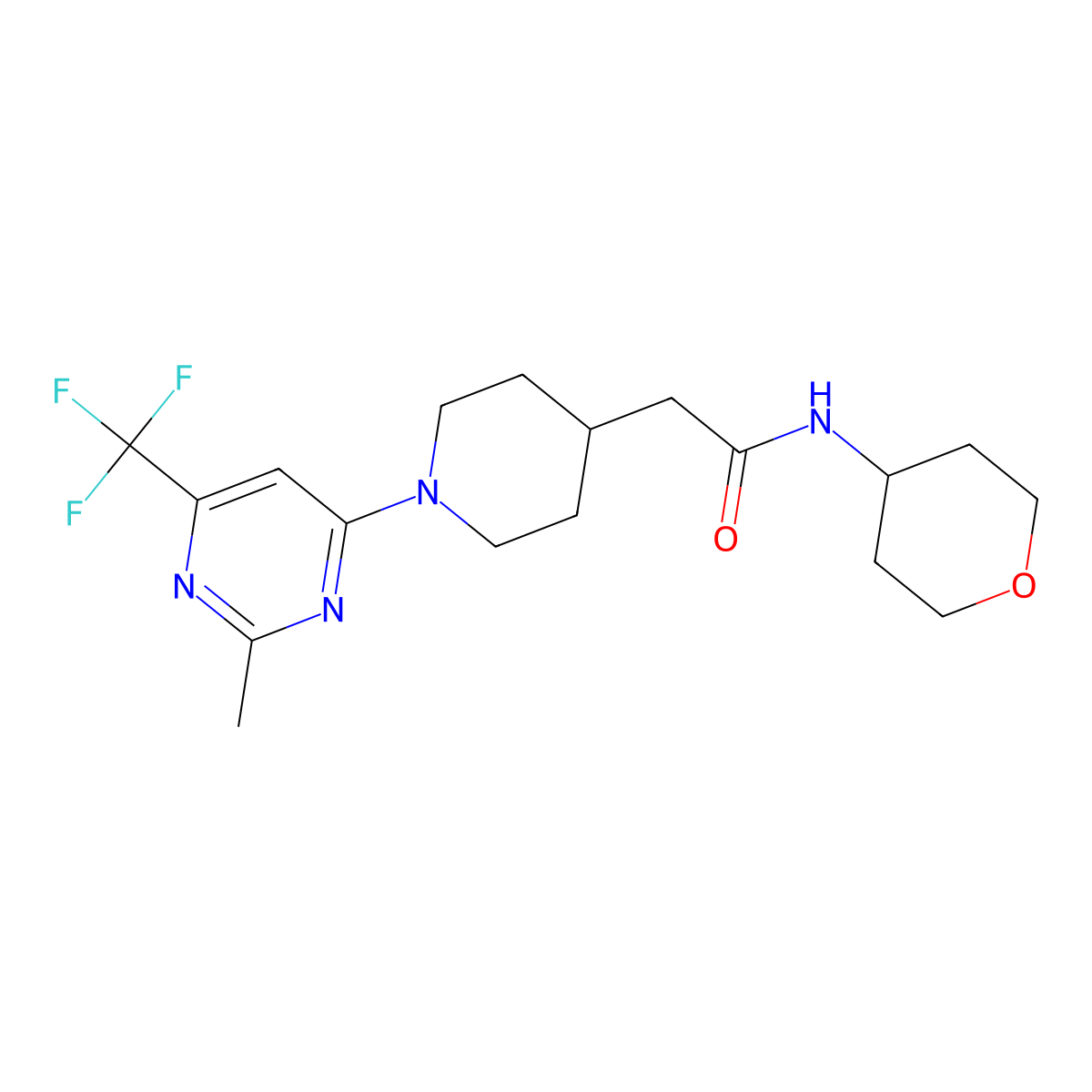 2-{1-[2-methyl-6-(trifluoromethyl)pyrimidin-4-yl]piperidin-4-yl}-N-(oxan-4-yl)acetamide molecular structure, CAS 2877702-54-8