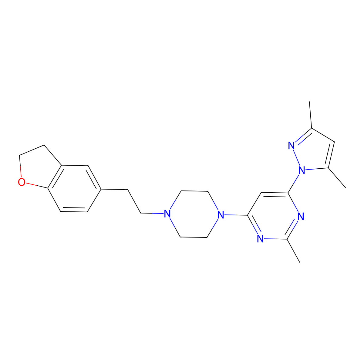 4-{4-[2-(2,3-dihydro-1-benzofuran-5-yl)ethyl]piperazin-1-yl}-6-(3,5-dimethyl-1H-pyrazol-1-yl)-2-methylpyrimidine molecular structure, CAS 2877702-66-2