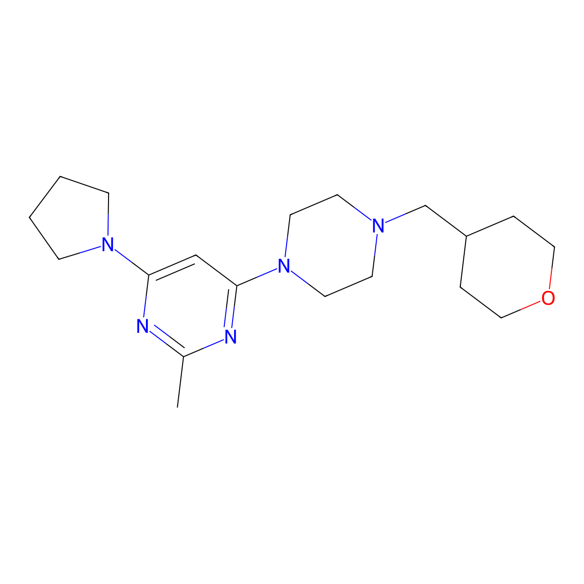 2-Methyl-4-{4-[(oxan-4-yl)methyl]piperazin-1-yl}-6-(pyrrolidin-1-yl)pyrimidine molecular structure, CAS 2877702-68-4
