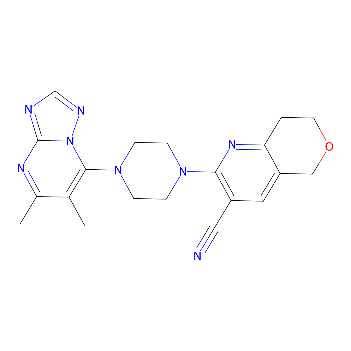 2-(4-{5,6-dimethyl-[1,2,4]triazolo[1,5-a]pyrimidin-7-yl}piperazin-1-yl)-5H,7H,8H-pyrano[4,3-b]pyridine-3-carbonitrile molecular structure, CAS 2877702-70-8