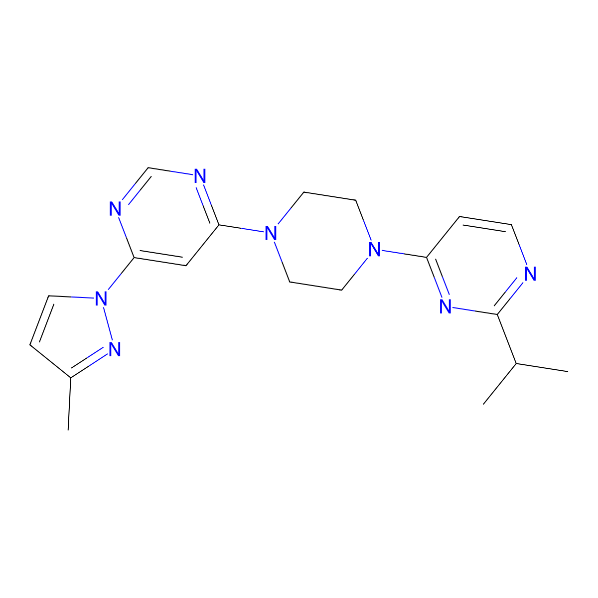 4-(3-methyl-1H-pyrazol-1-yl)-6-{4-[2-(propan-2-yl)pyrimidin-4-yl]piperazin-1-yl}pyrimidine molecular structure, CAS 2877702-71-9