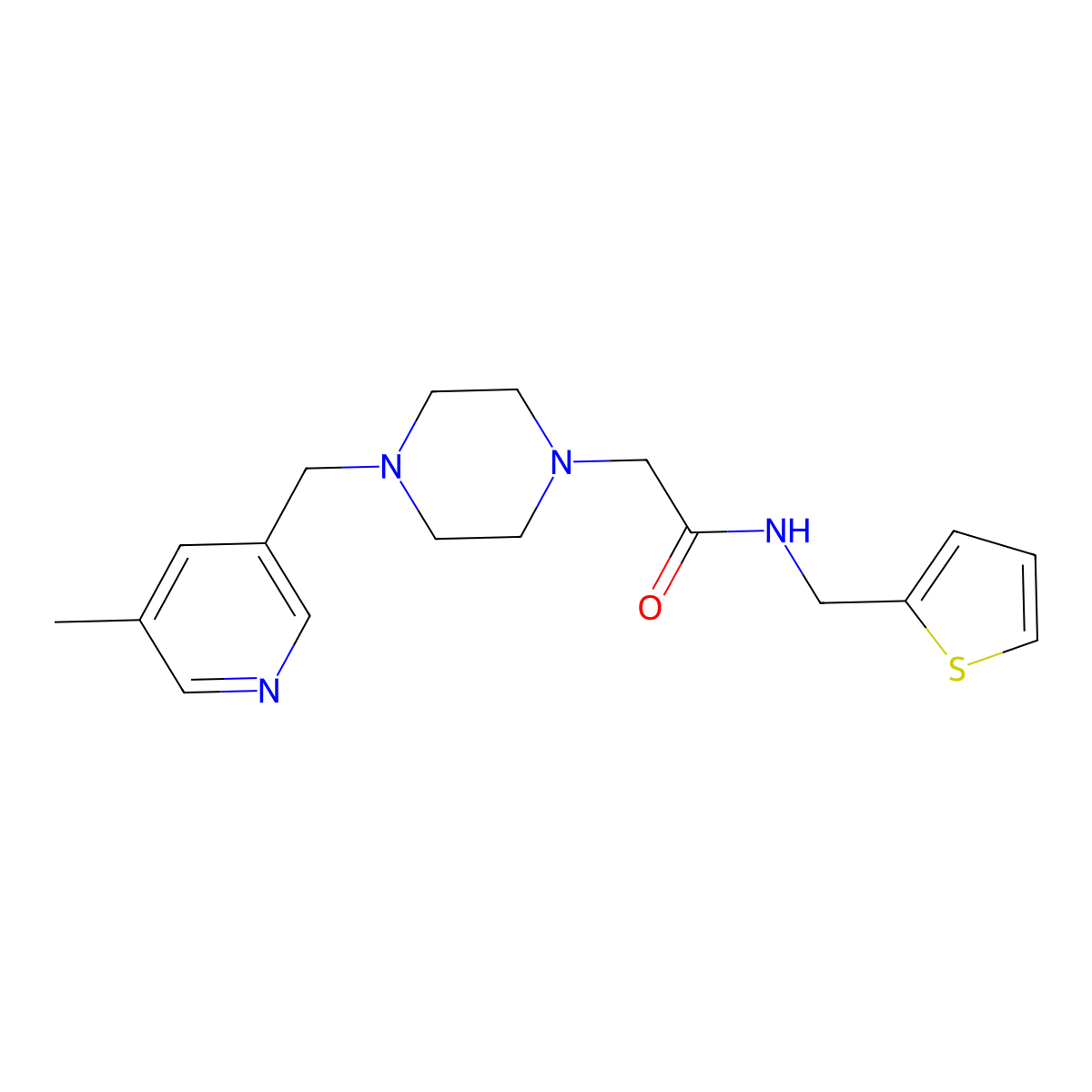 2-{4-[(5-methylpyridin-3-yl)methyl]piperazin-1-yl}-N-[(thiophen-2-yl)methyl]acetamide molecular structure, CAS 2877702-79-7