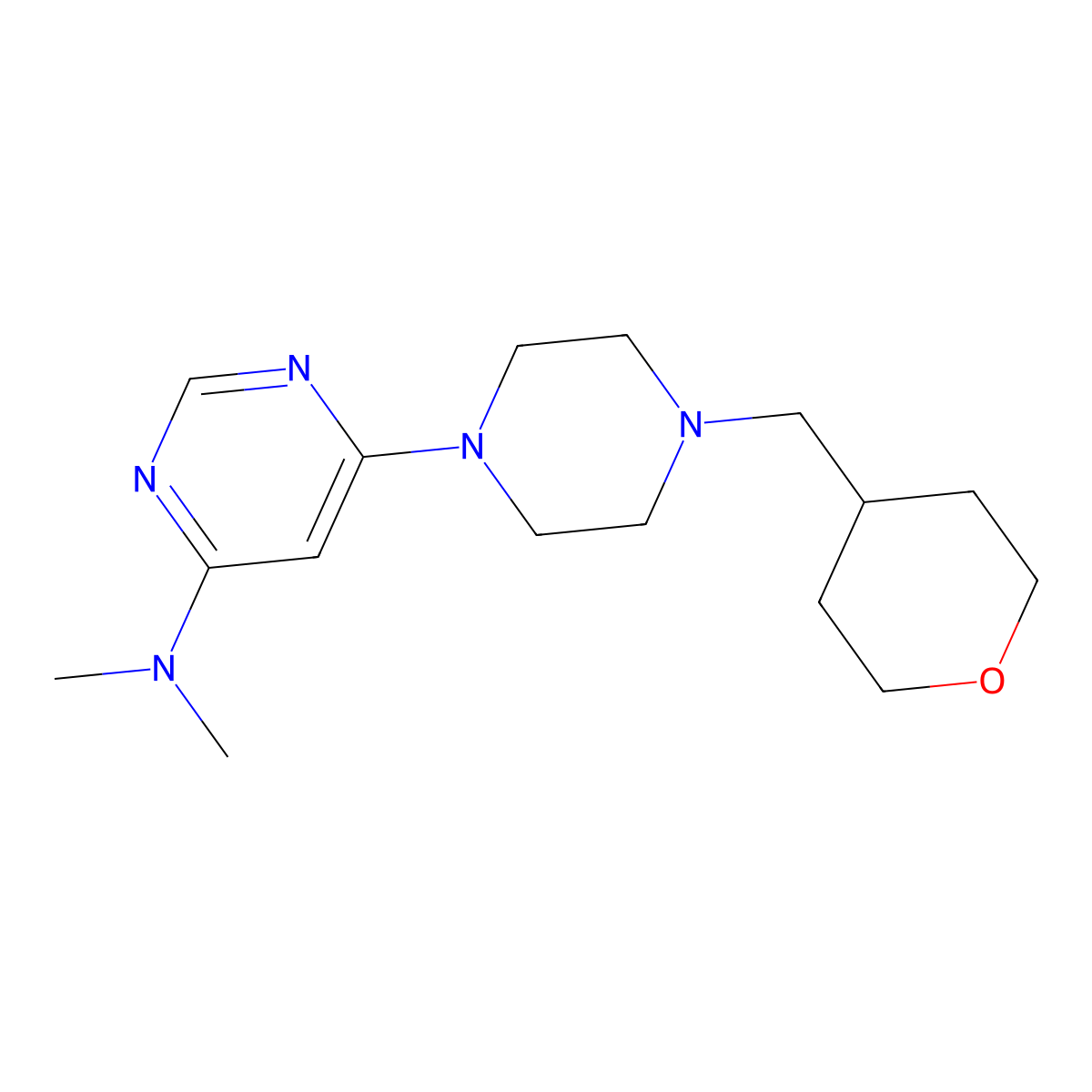 N,N-dimethyl-6-{4-[(oxan-4-yl)methyl]piperazin-1-yl}pyrimidin-4-amine molecular structure, CAS 2877702-96-8
