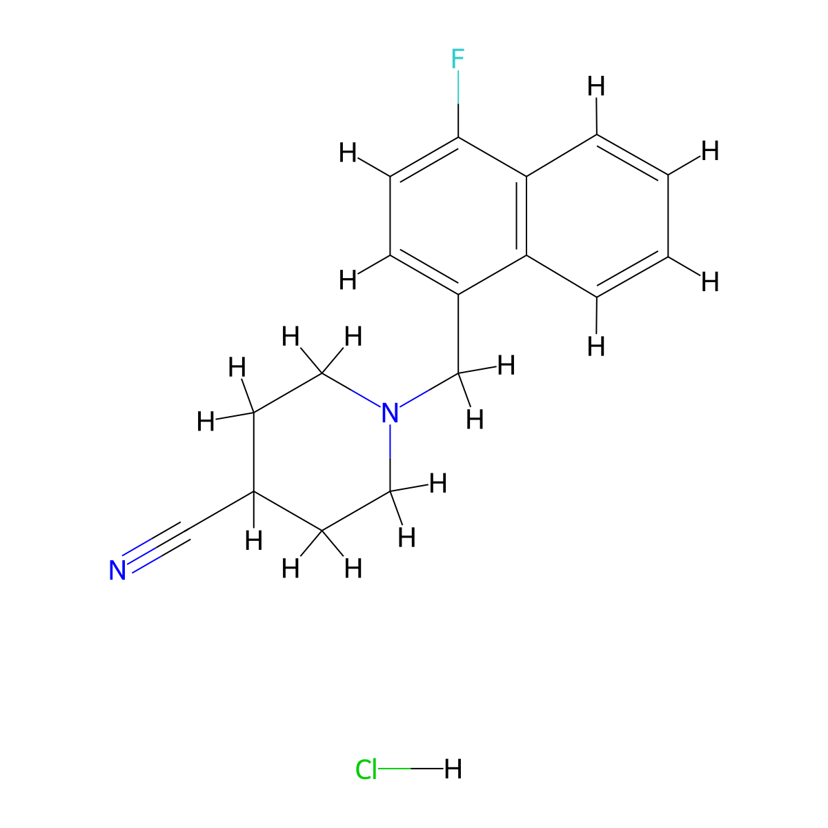 1-[(4-Fluoronaphthalen-1-yl)methyl]piperidine-4-carbonitrile;hydrochloride molecular structure, CAS 2877703-00-7