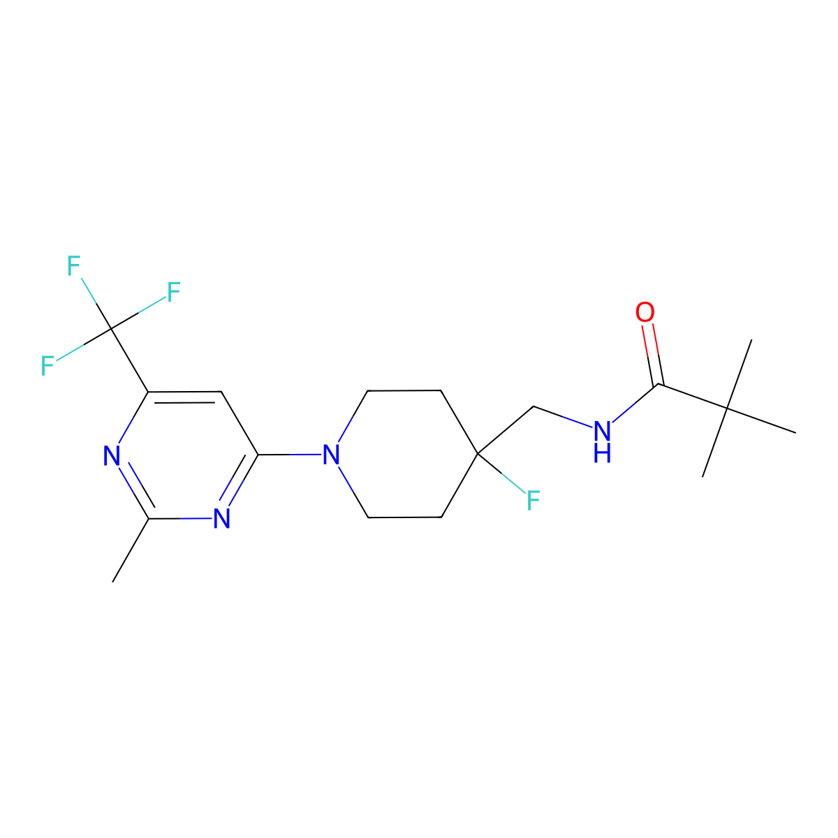 N-({4-fluoro-1-[2-methyl-6-(trifluoromethyl)pyrimidin-4-yl]piperidin-4-yl}methyl)-2,2-dimethylpropanamide molecular structure, CAS 2877703-13-2