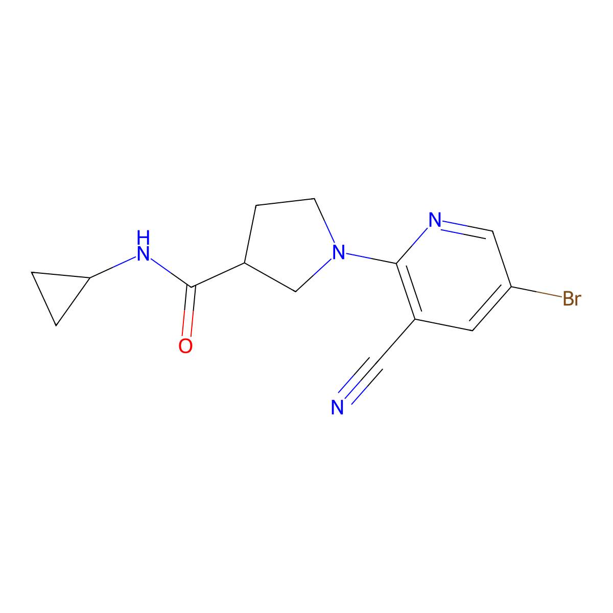 1-(5-bromo-3-cyanopyridin-2-yl)-N-cyclopropylpyrrolidine-3-carboxamide molecular structure, CAS 2877703-16-5