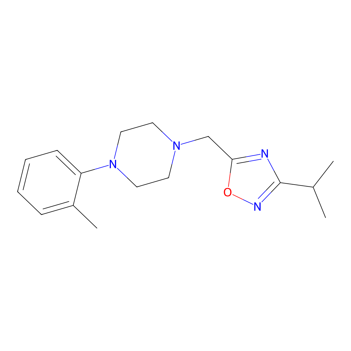 1-(2-Methylphenyl)-4-{[3-(propan-2-yl)-1,2,4-oxadiazol-5-yl]methyl}piperazine molecular structure, CAS 2877703-19-8