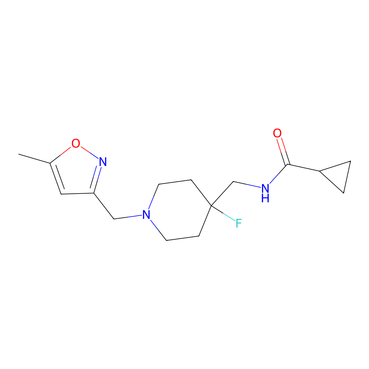 N-({4-fluoro-1-[(5-methyl-1,2-oxazol-3-yl)methyl]piperidin-4-yl}methyl)cyclopropanecarboxamide molecular structure, CAS 2877703-31-4