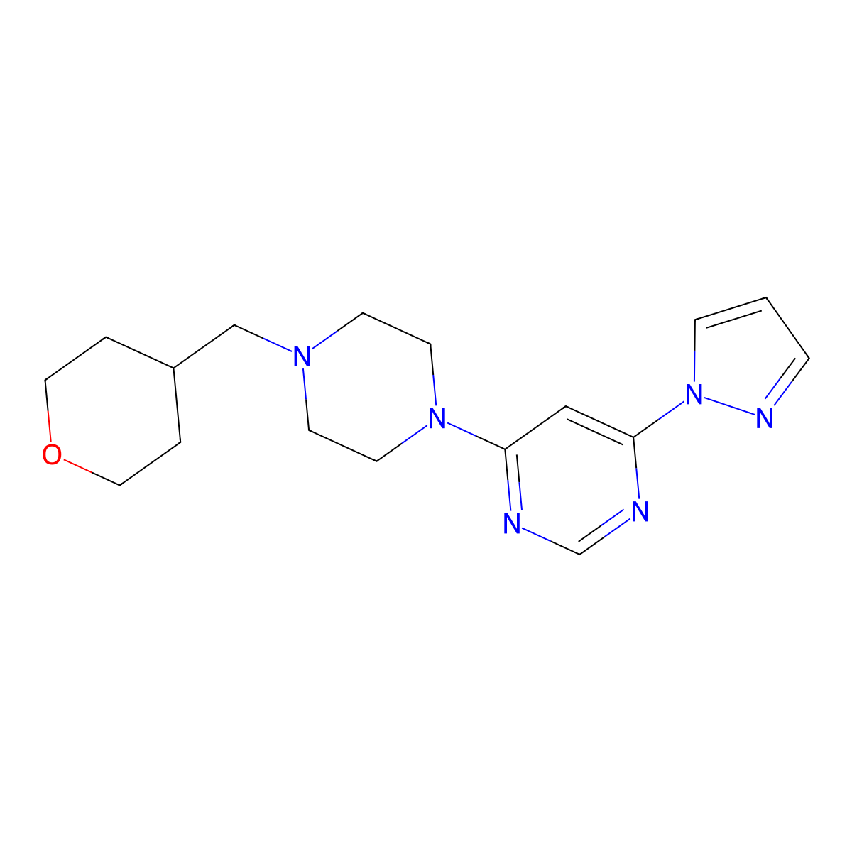 4-{4-[(oxan-4-yl)methyl]piperazin-1-yl}-6-(1H-pyrazol-1-yl)pyrimidine molecular structure, CAS 2877703-35-8