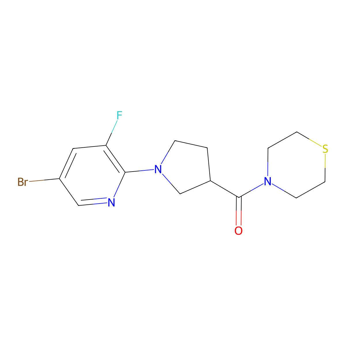 4-[1-(5-Bromo-3-fluoropyridin-2-yl)pyrrolidine-3-carbonyl]thiomorpholine molecular structure, CAS 2877703-36-9
