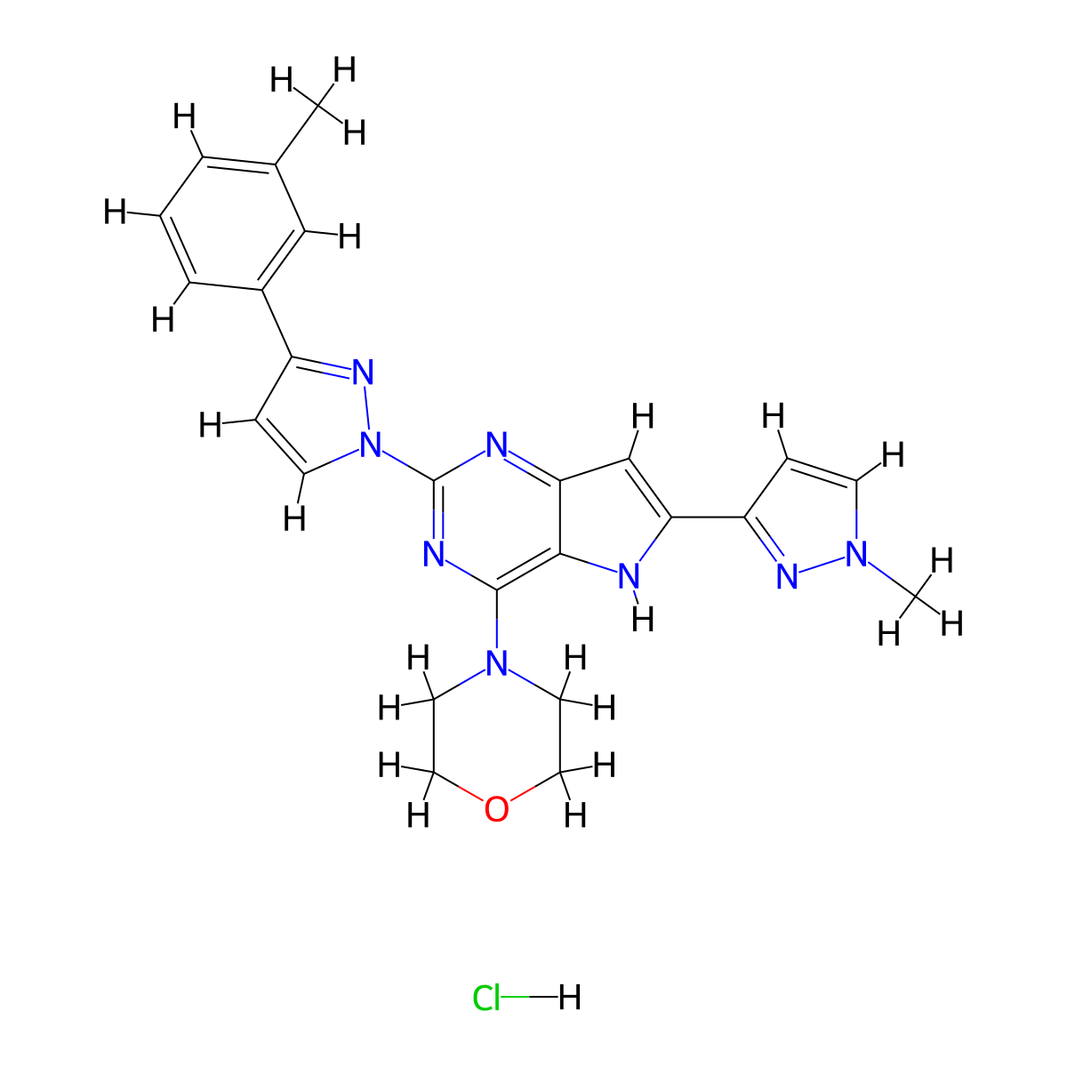 4-(6-(1-Methyl-1H-pyrazol-3-YL)-2-(3-(M-tolyl)-1H-pyrazol-1-YL)-5H-pyrrolo[3,2-D]pyrimidin-4-YL)morpholine hydrochloride molecular structure, CAS 2877704-17-9