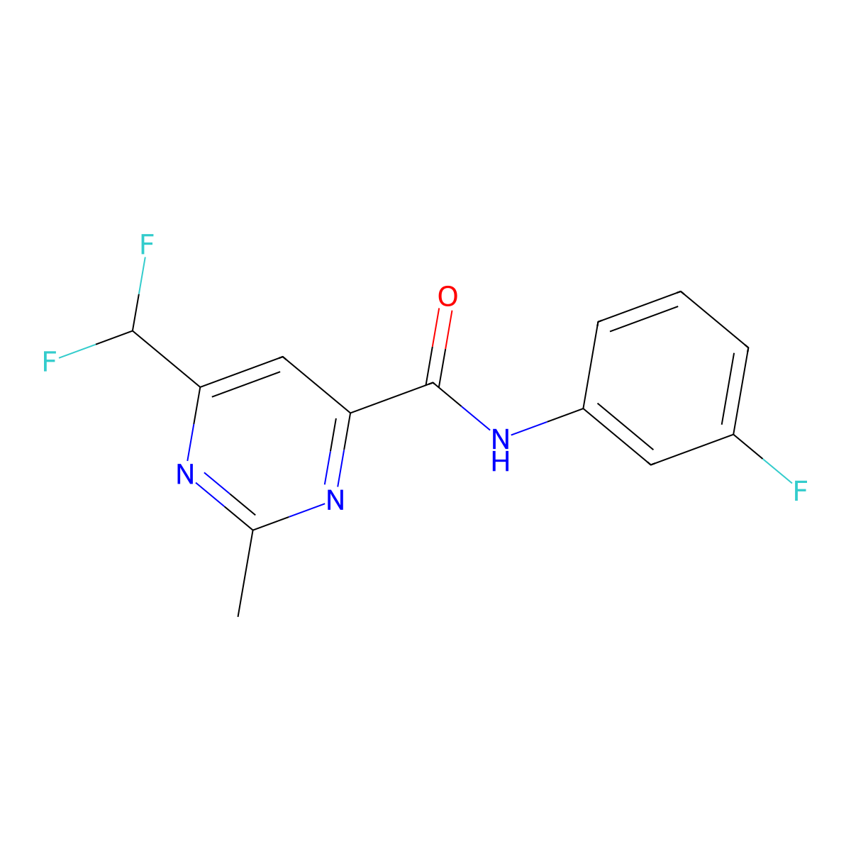 6-(difluoromethyl)-N-(3-fluorophenyl)-2-methylpyrimidine-4-carboxamide molecular structure, CAS 2877704-55-5