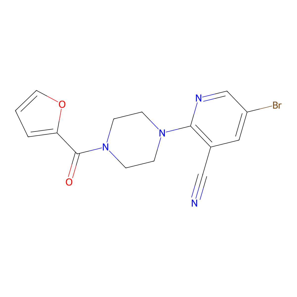 5-Bromo-2-[4-(furan-2-carbonyl)piperazin-1-yl]pyridine-3-carbonitrile molecular structure, CAS 2877704-59-9
