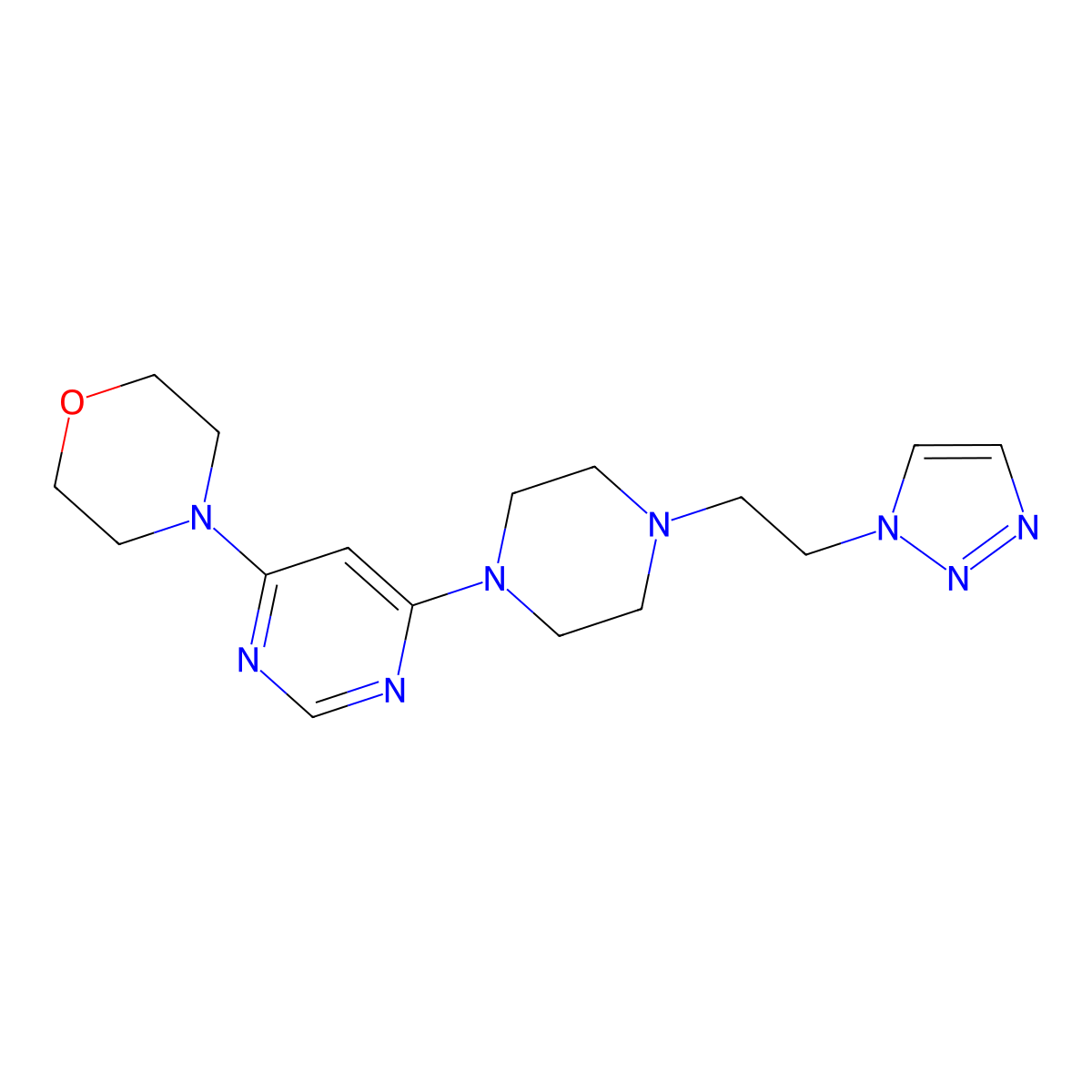 4-(6-{4-[2-(1H-1,2,3-triazol-1-yl)ethyl]piperazin-1-yl}pyrimidin-4-yl)morpholine molecular structure, CAS 2877704-60-2