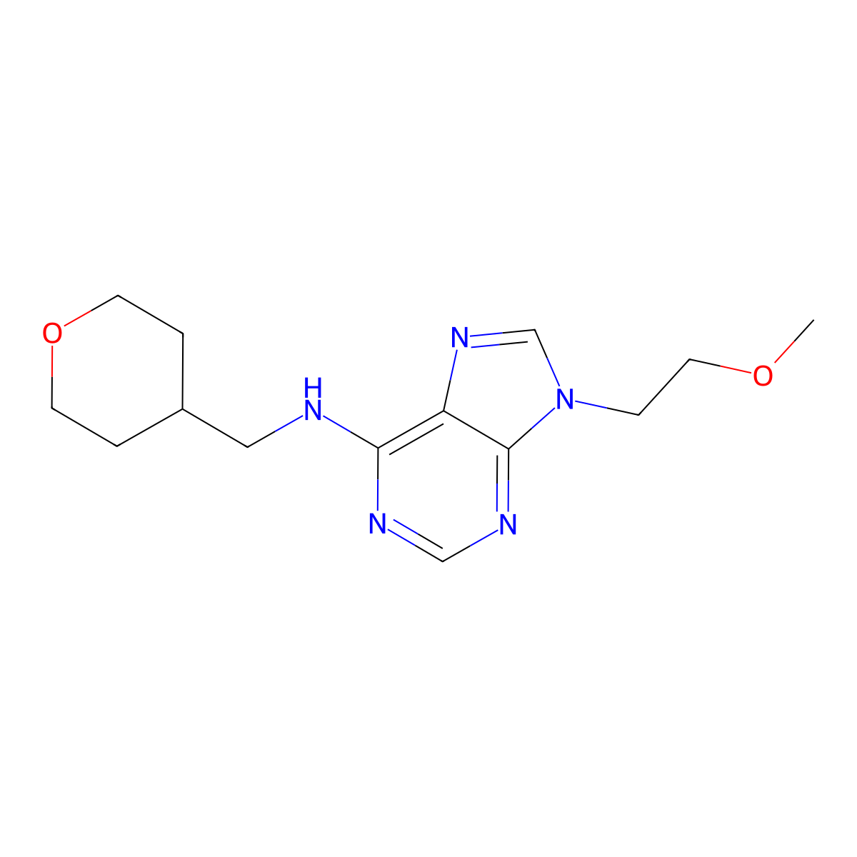 9-(2-methoxyethyl)-N-[(oxan-4-yl)methyl]-9H-purin-6-amine molecular structure, CAS 2877704-62-4