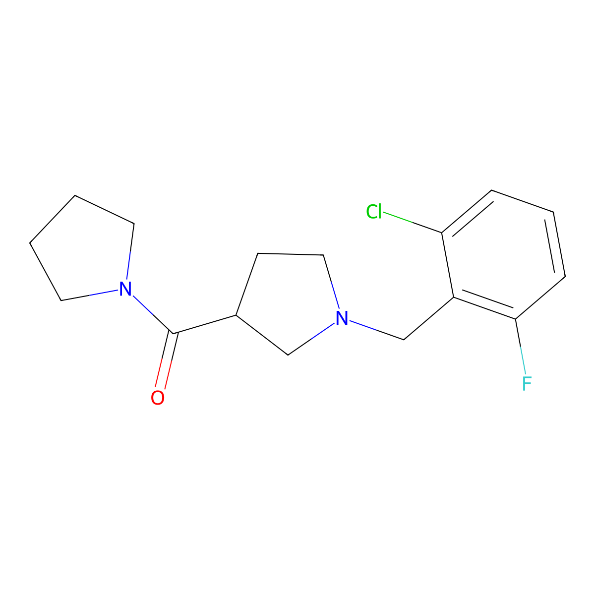 1-[(2-Chloro-6-fluorophenyl)methyl]-3-(pyrrolidine-1-carbonyl)pyrrolidine molecular structure, CAS 2877704-66-8