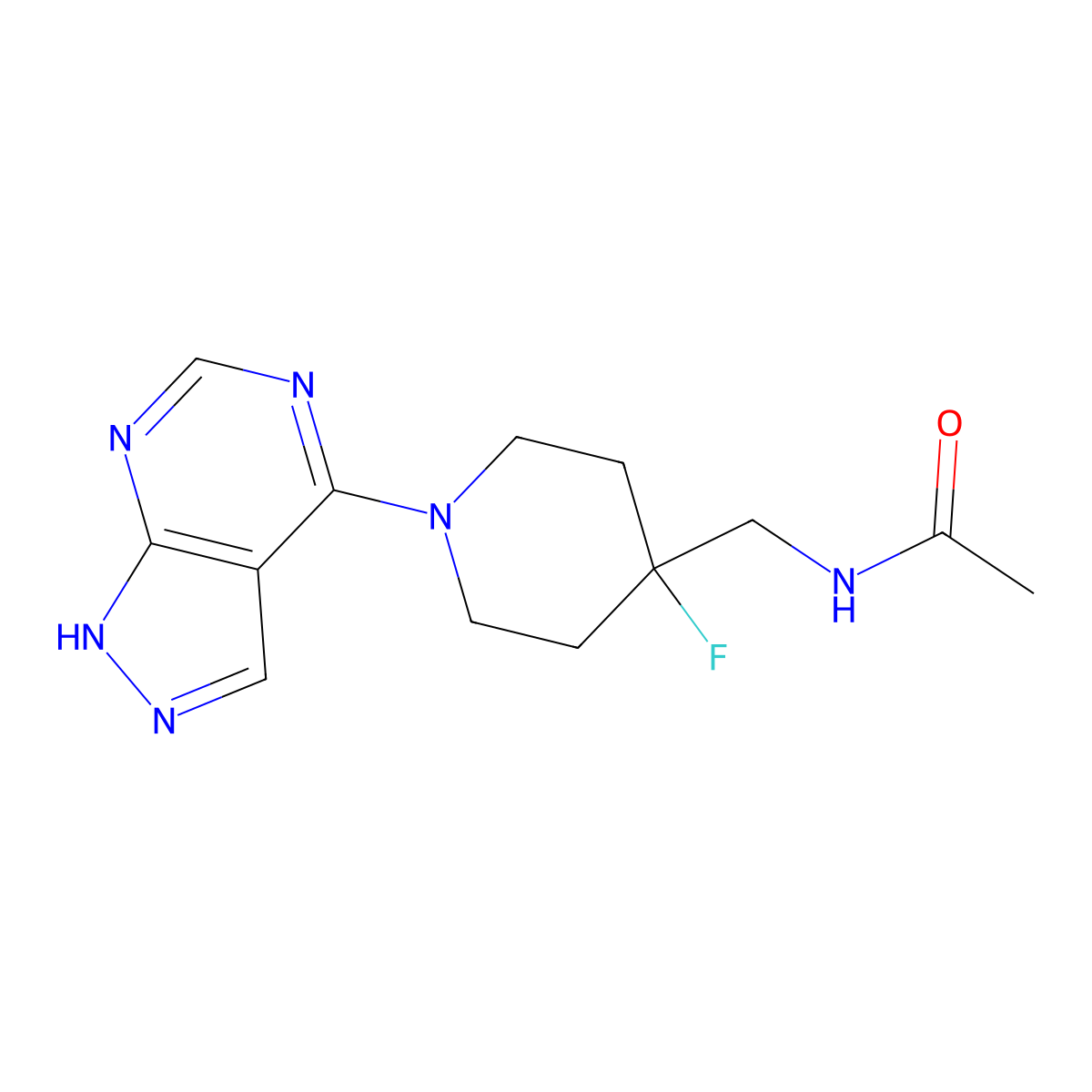 N-[(4-fluoro-1-{1H-pyrazolo[3,4-d]pyrimidin-4-yl}piperidin-4-yl)methyl]acetamide molecular structure, CAS 2877704-70-4