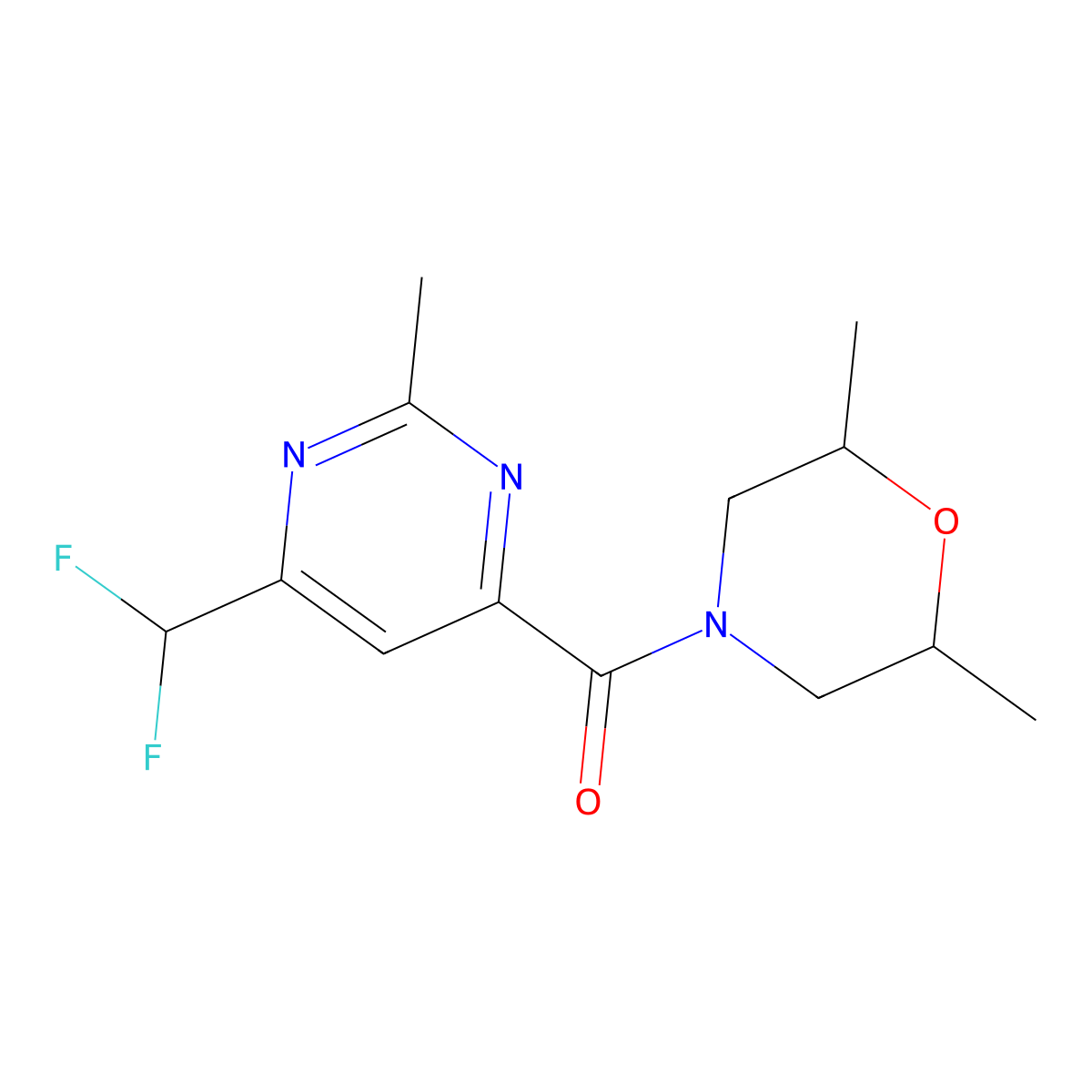 4-[6-(Difluoromethyl)-2-methylpyrimidine-4-carbonyl]-2,6-dimethylmorpholine molecular structure, CAS 2877704-81-7