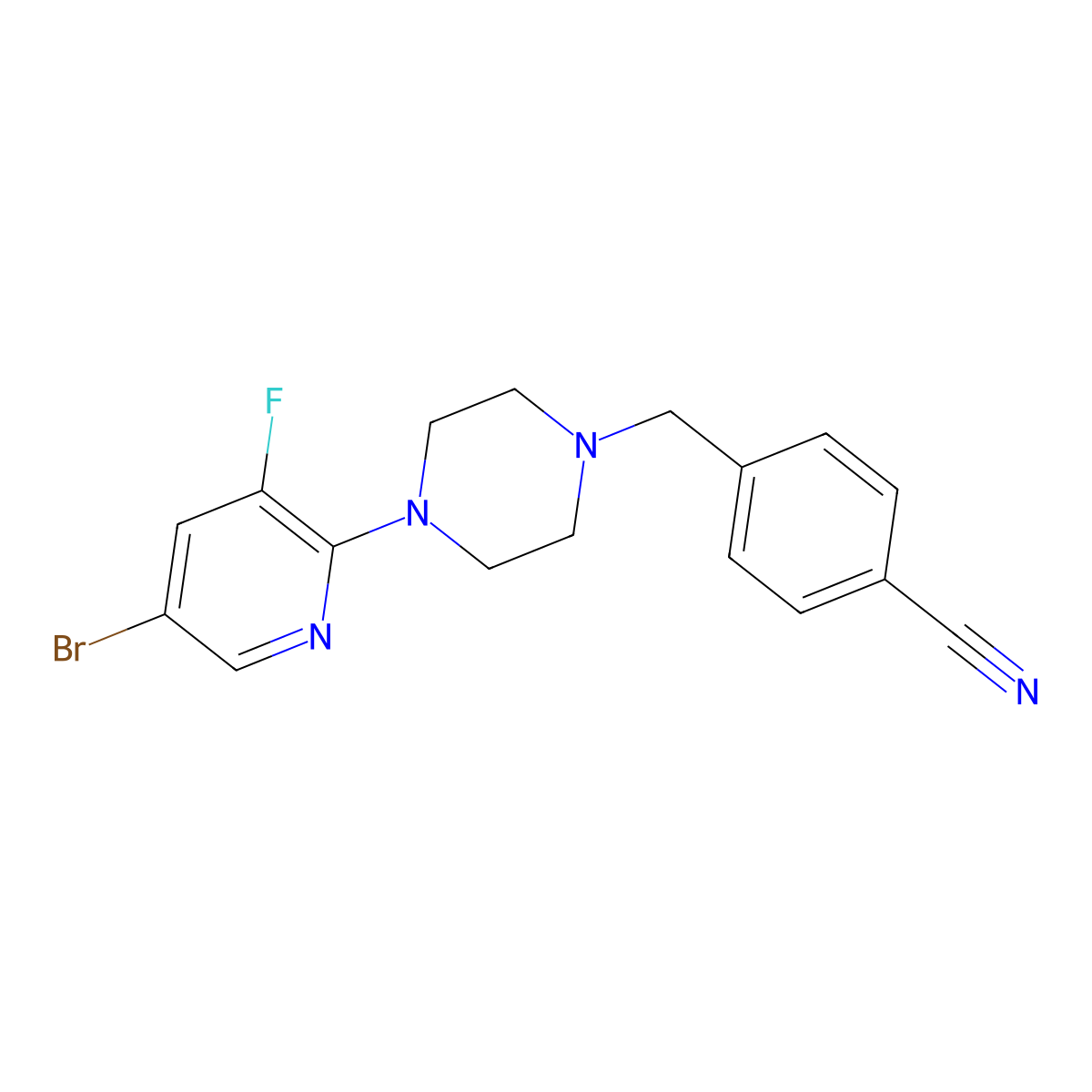 4-{[4-(5-Bromo-3-fluoropyridin-2-yl)piperazin-1-yl]methyl}benzonitrile molecular structure, CAS 2877704-82-8