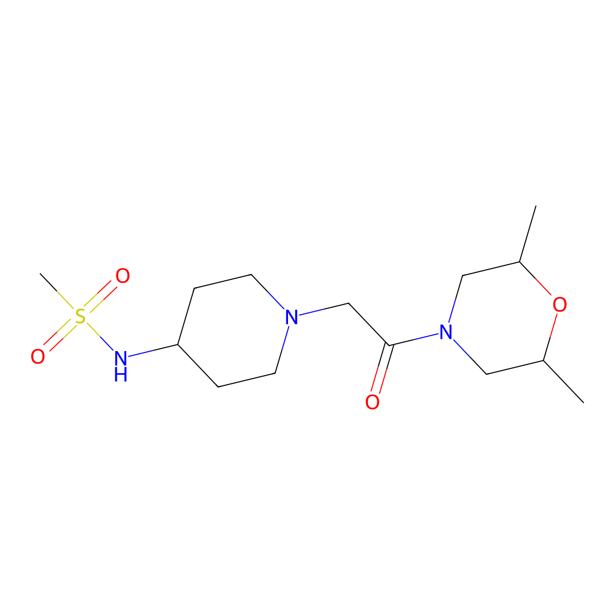 N-{1-[2-(2,6-dimethylmorpholin-4-yl)-2-oxoethyl]piperidin-4-yl}methanesulfonamide molecular structure, CAS 2877704-87-3
