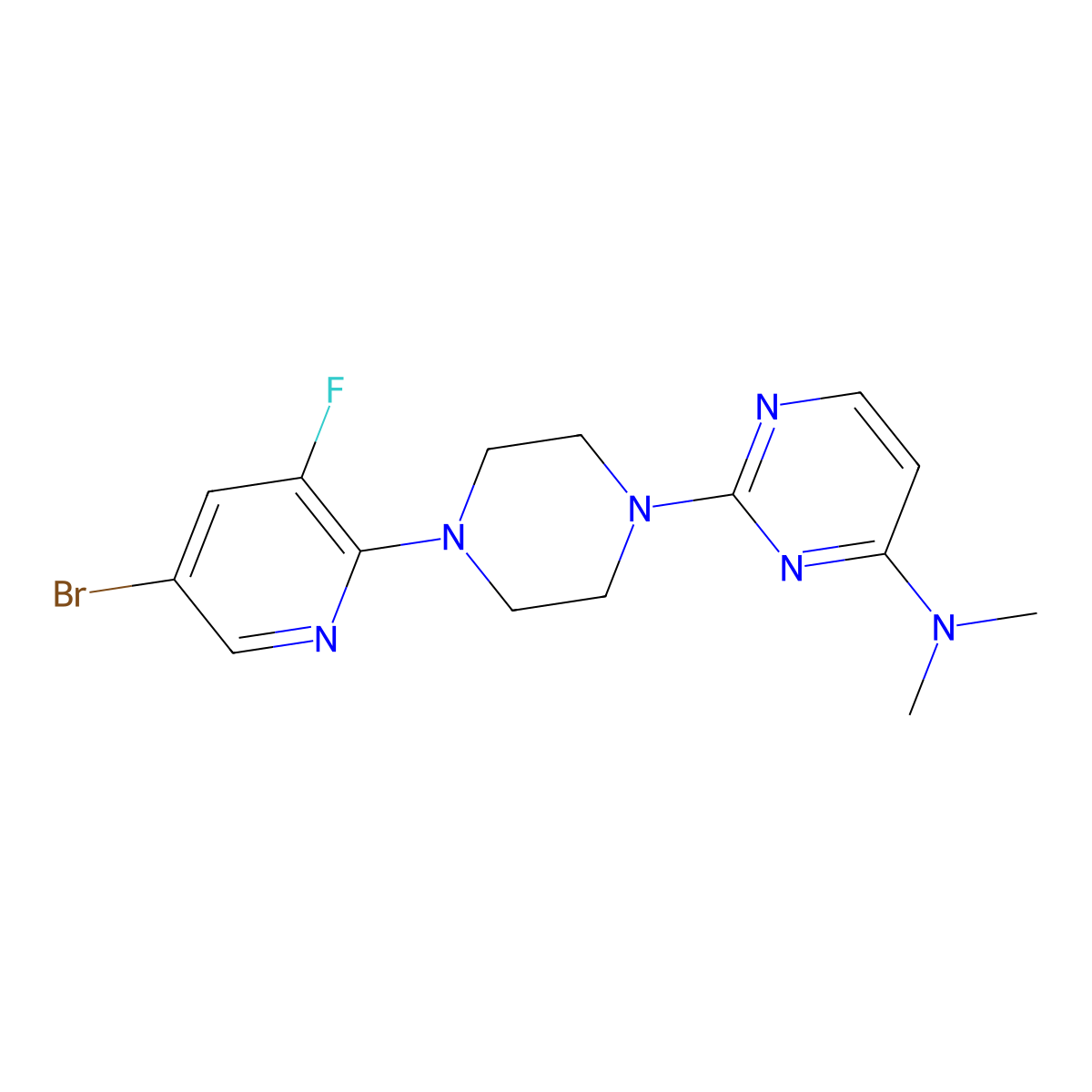 2-[4-(5-bromo-3-fluoropyridin-2-yl)piperazin-1-yl]-N,N-dimethylpyrimidin-4-amine molecular structure, CAS 2877704-97-5
