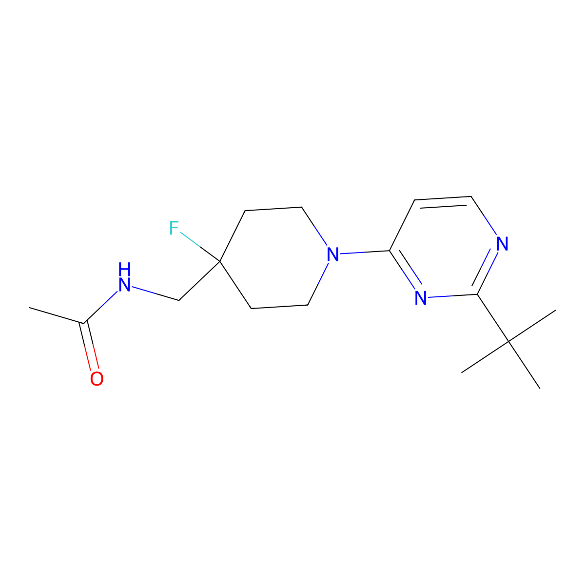 N-{[1-(2-tert-butylpyrimidin-4-yl)-4-fluoropiperidin-4-yl]methyl}acetamide molecular structure, CAS 2877704-99-7