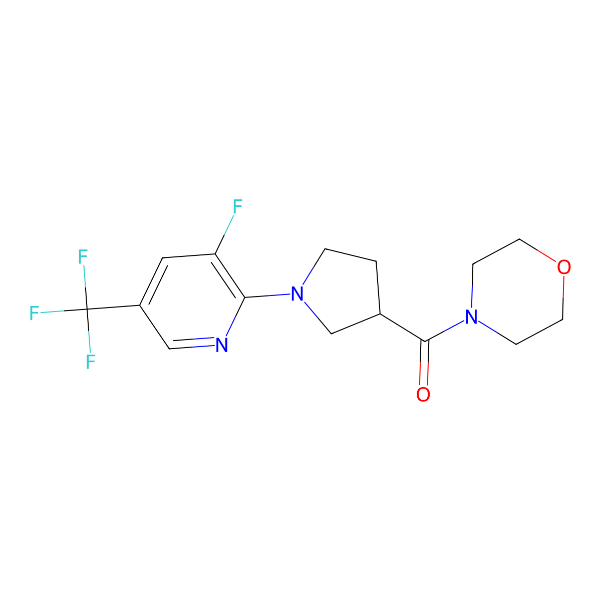 4-{1-[3-Fluoro-5-(trifluoromethyl)pyridin-2-yl]pyrrolidine-3-carbonyl}morpholine molecular structure, CAS 2877705-02-5