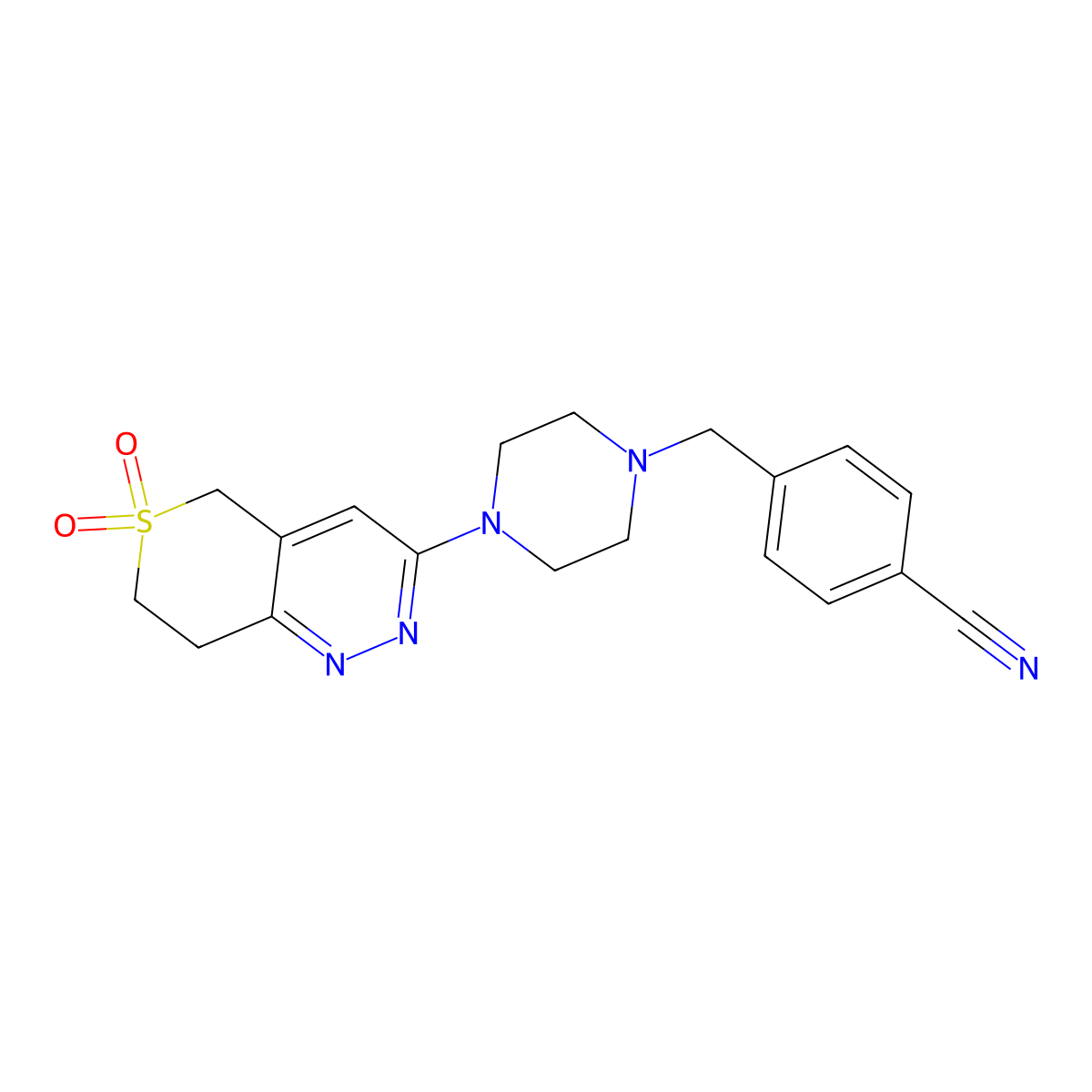 4-[[4-(6,6-dioxo-7,8-dihydro-5H-thiopyrano[4,3-c]pyridazin-3-yl)piperazin-1-yl]methyl]benzonitrile molecular structure, CAS 2877705-05-8