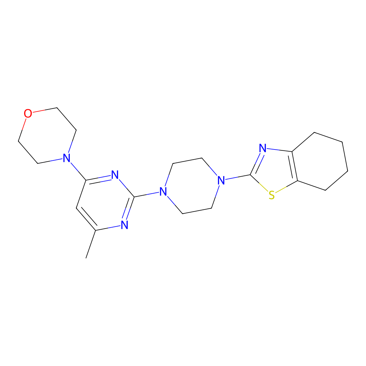 2-{4-[4-Methyl-6-(morpholin-4-yl)pyrimidin-2-yl]piperazin-1-yl}-4,5,6,7-tetrahydro-1,3-benzothiazole molecular structure, CAS 2877705-11-6