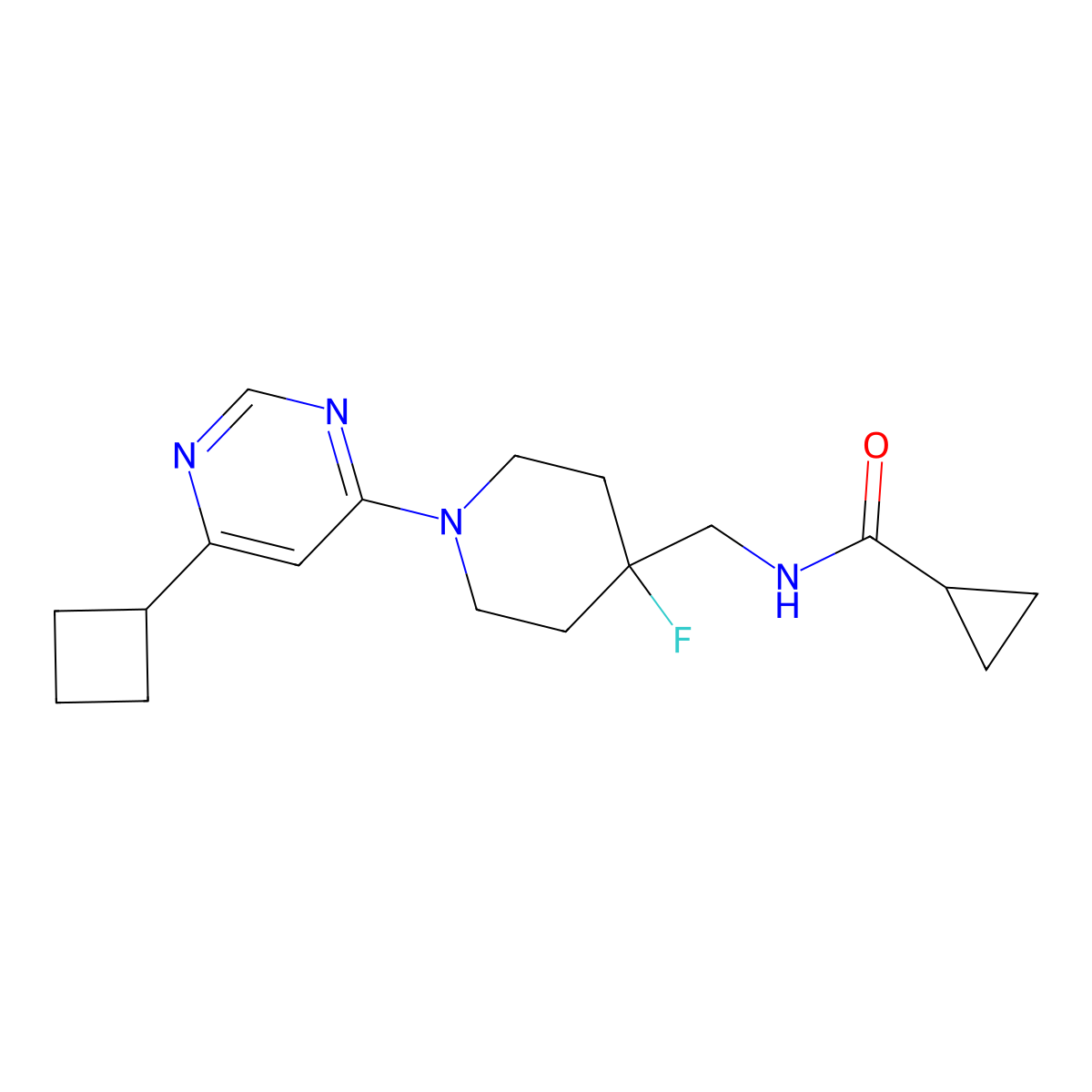 N-{[1-(6-cyclobutylpyrimidin-4-yl)-4-fluoropiperidin-4-yl]methyl}cyclopropanecarboxamide molecular structure, CAS 2877705-14-9