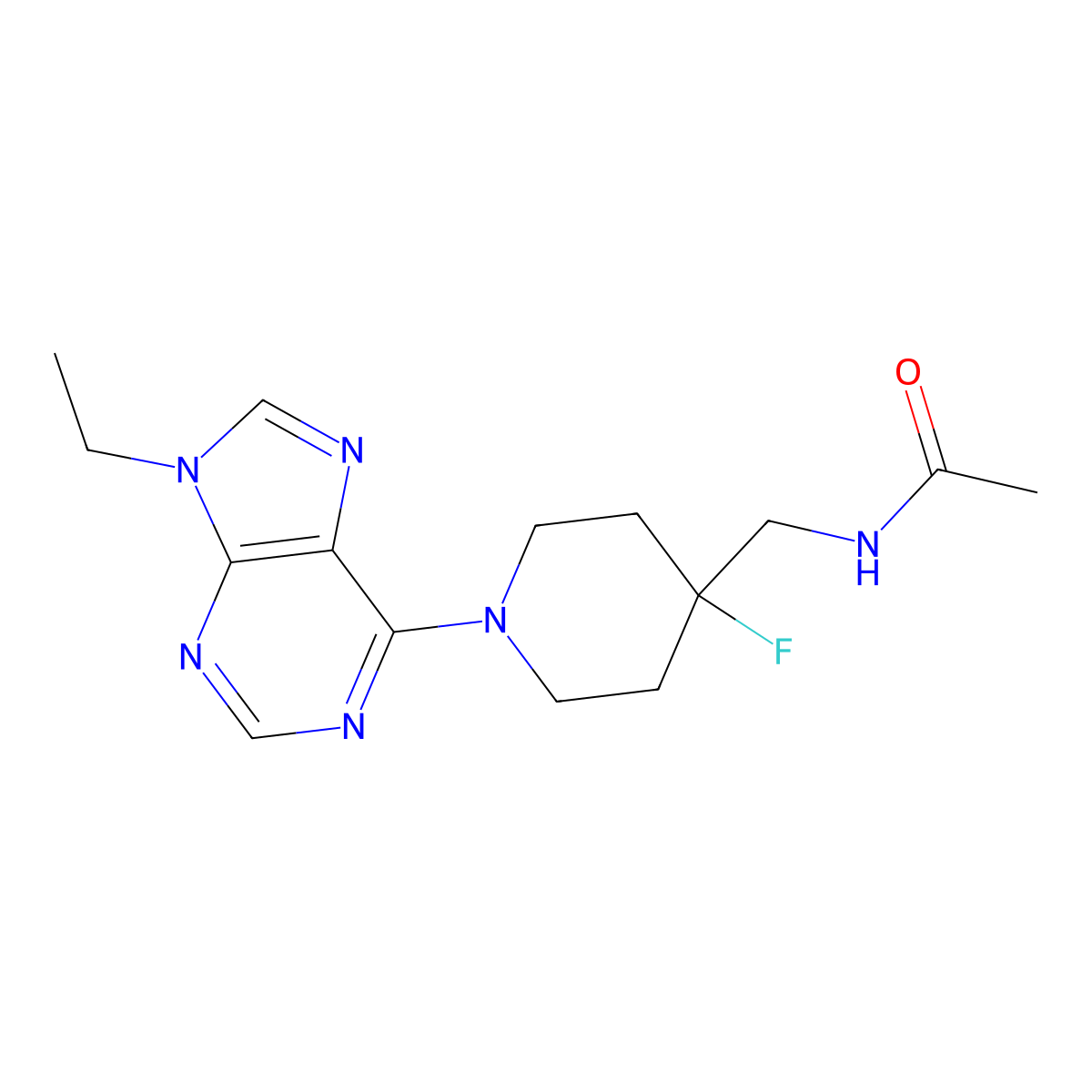 N-{[1-(9-ethyl-9H-purin-6-yl)-4-fluoropiperidin-4-yl]methyl}acetamide molecular structure, CAS 2877705-23-0