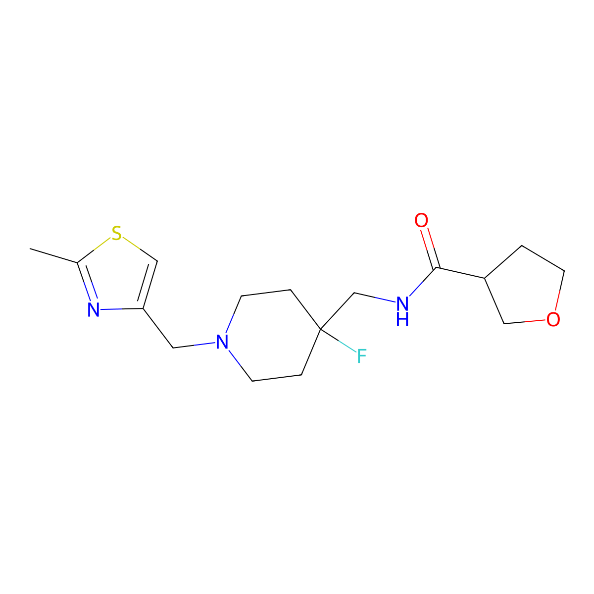 N-({4-fluoro-1-[(2-methyl-1,3-thiazol-4-yl)methyl]piperidin-4-yl}methyl)oxolane-3-carboxamide molecular structure, CAS 2877705-24-1
