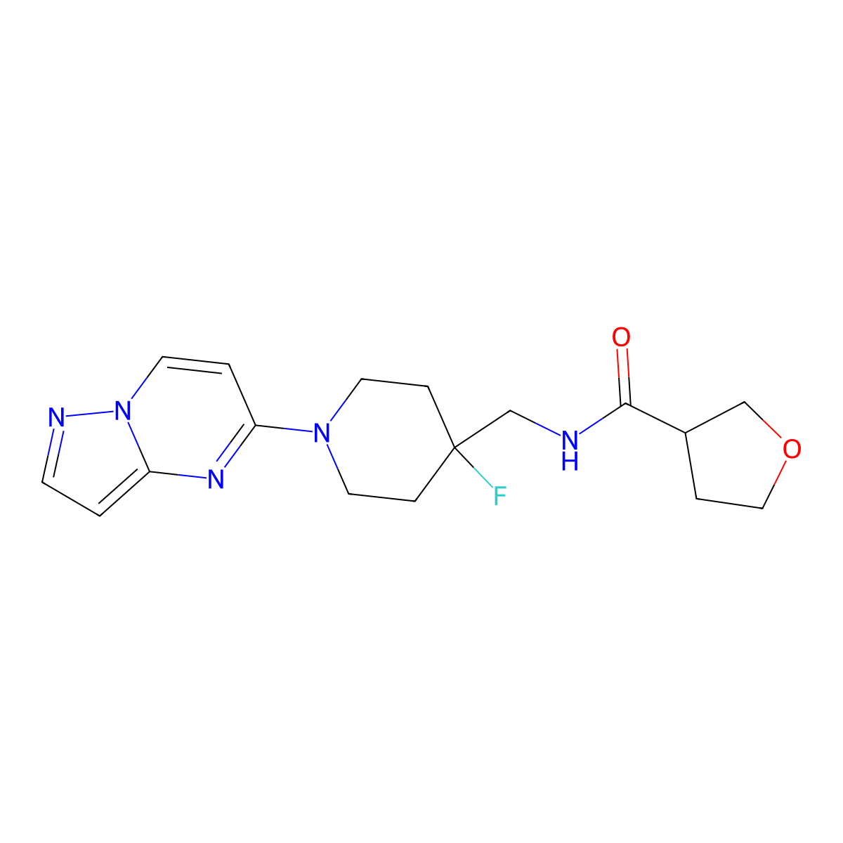 N-[(4-fluoro-1-{pyrazolo[1,5-a]pyrimidin-5-yl}piperidin-4-yl)methyl]oxolane-3-carboxamide molecular structure, CAS 2877705-28-5