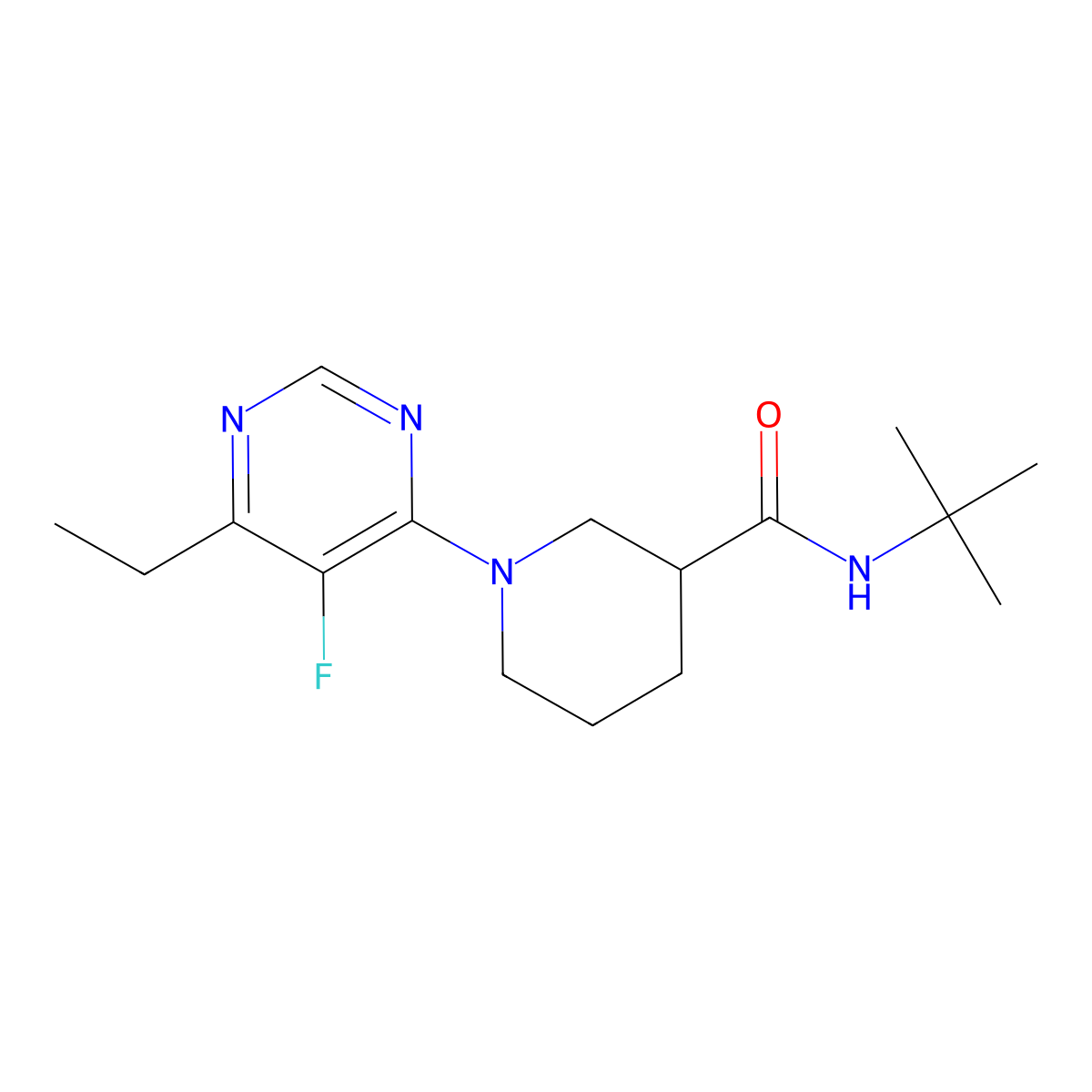 N-tert-butyl-1-(6-ethyl-5-fluoropyrimidin-4-yl)piperidine-3-carboxamide molecular structure, CAS 2877705-30-9