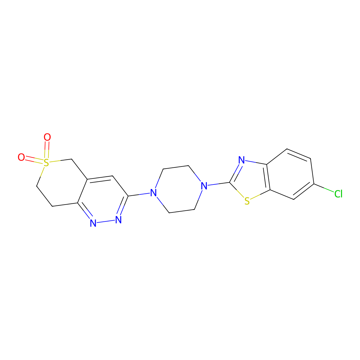 3-[4-(6-chloro-1,3-benzothiazol-2-yl)piperazin-1-yl]-7,8-dihydro-5H-thiopyrano[4,3-c]pyridazine 6,6-dioxide molecular structure, CAS 2877705-38-7
