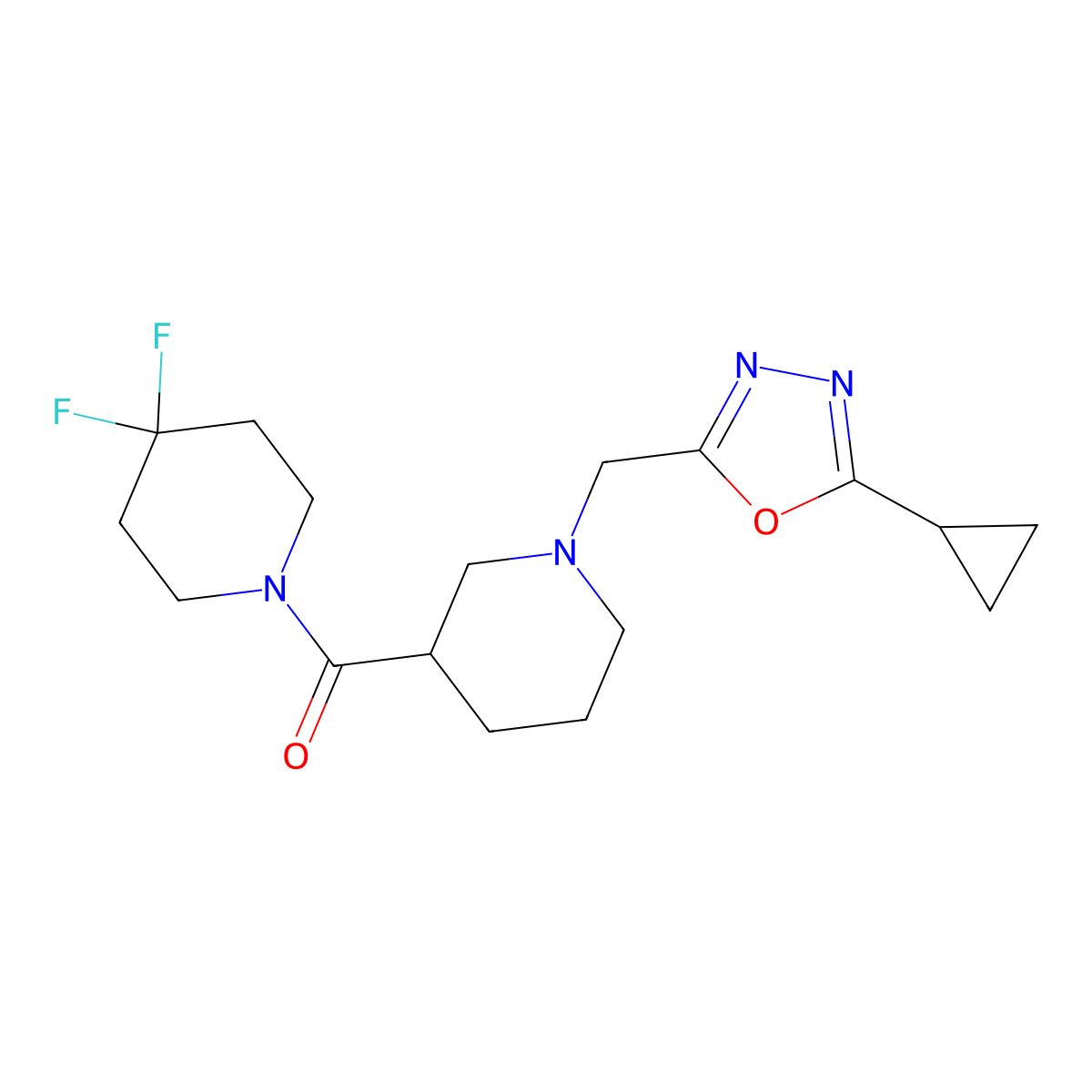 1-{1-[(5-Cyclopropyl-1,3,4-oxadiazol-2-yl)methyl]piperidine-3-carbonyl}-4,4-difluoropiperidine molecular structure, CAS 2877705-64-9