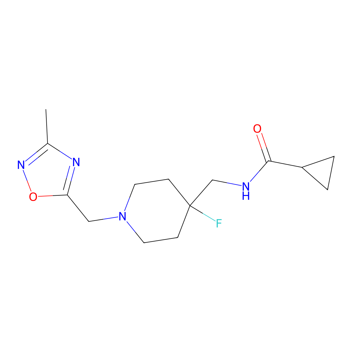 N-({4-fluoro-1-[(3-methyl-1,2,4-oxadiazol-5-yl)methyl]piperidin-4-yl}methyl)cyclopropanecarboxamide molecular structure, CAS 2877705-65-0