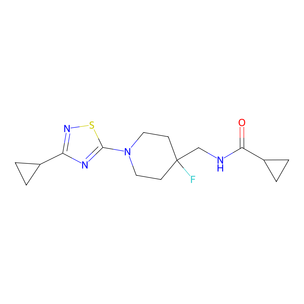 N-{[1-(3-cyclopropyl-1,2,4-thiadiazol-5-yl)-4-fluoropiperidin-4-yl]methyl}cyclopropanecarboxamide molecular structure, CAS 2877705-72-9
