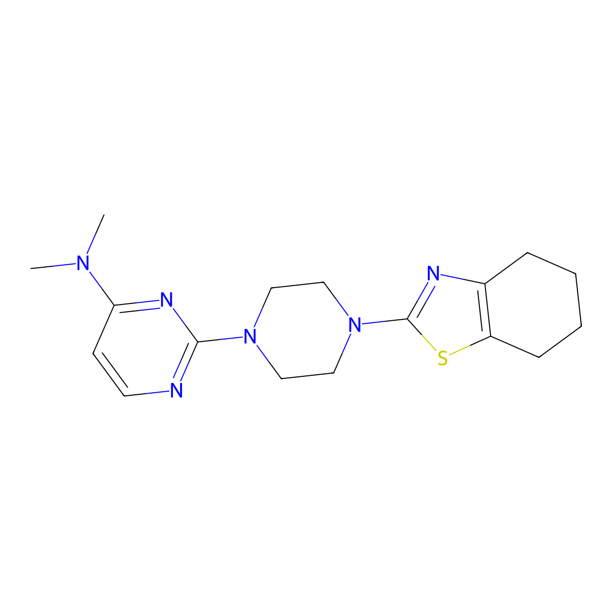 N,N-dimethyl-2-[4-(4,5,6,7-tetrahydro-1,3-benzothiazol-2-yl)piperazin-1-yl]pyrimidin-4-amine molecular structure, CAS 2877705-80-9